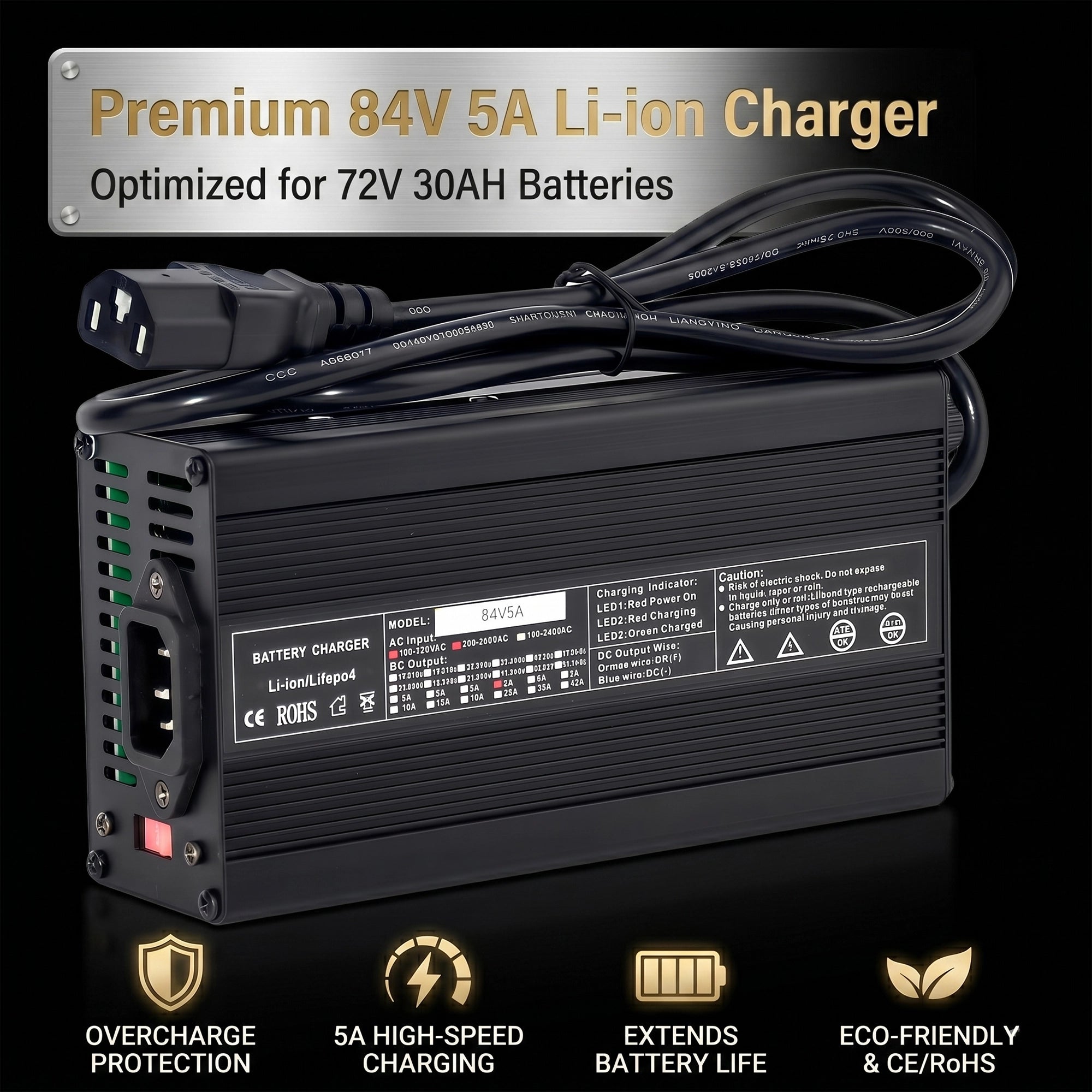 84V 5A lithium battery charger for BOOANT 72V 30Ah battery packs with fast charging, overcharge protection, and CE certification