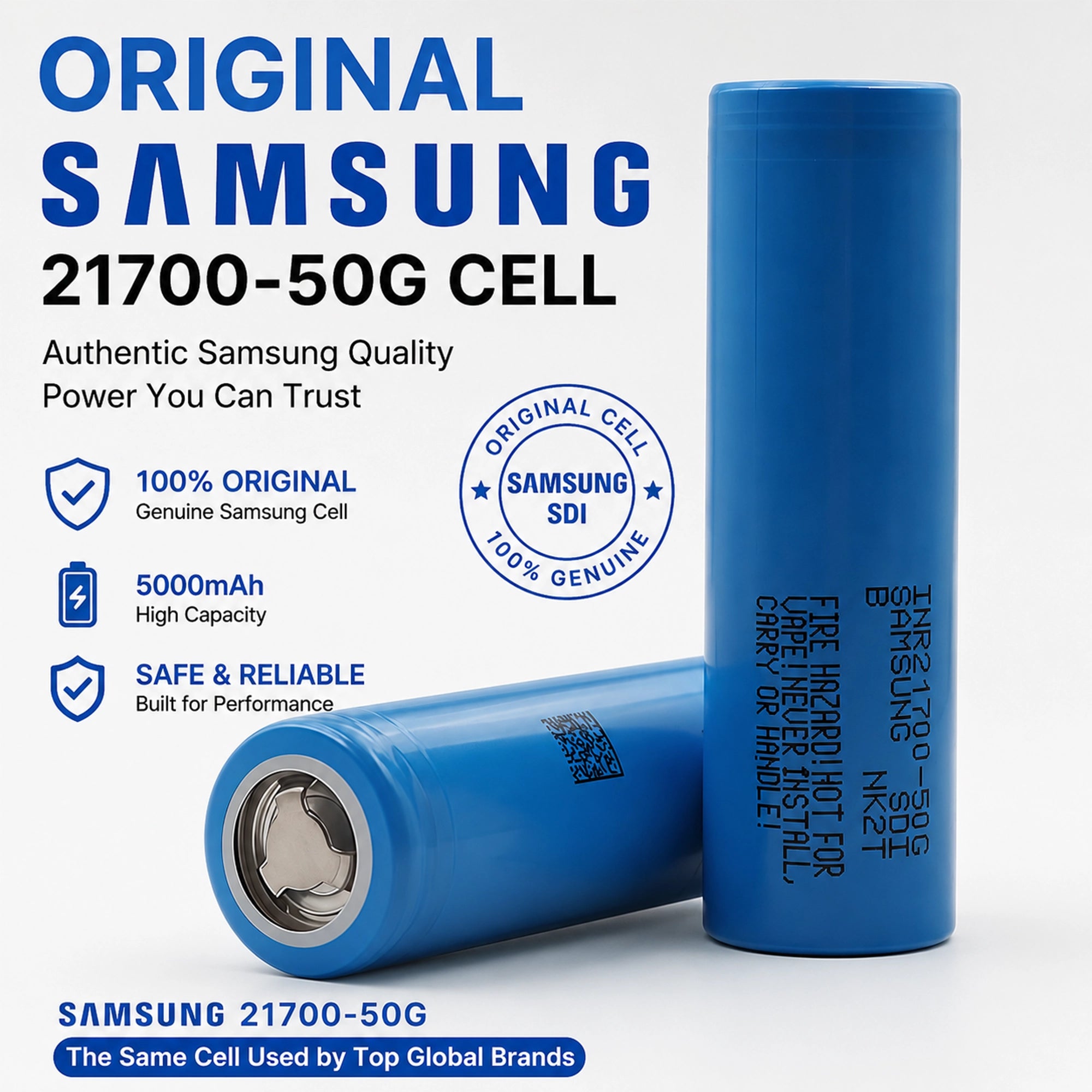 Samsung INR21700-50G lithium-ion battery cell featuring 5000mAh capacity, genuine Samsung SDI manufacturing, and reliable performance for premium eBike battery packs.