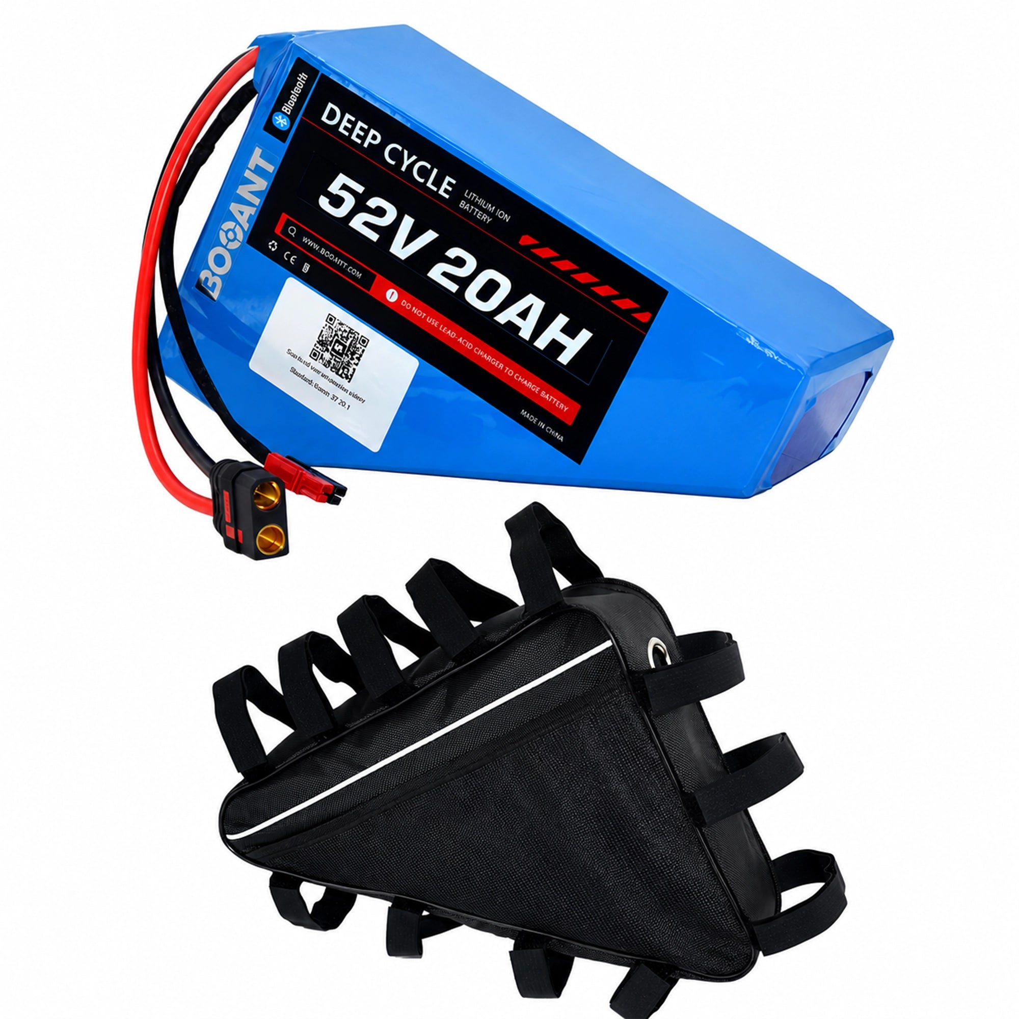 BOOANT 52V 20Ah triangle lithium battery with Bluetooth smart BMS and included triangle frame mounting bag for eBike applications.