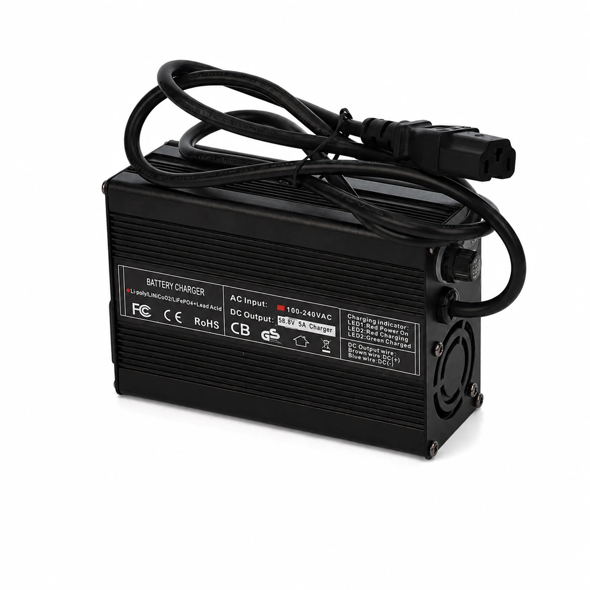 58.8V 5A lithium battery charger for BOOANT 52V 30Ah metal case triangle ebike battery pack with cooling fan, IEC AC power cord, and fast, reliable charging.