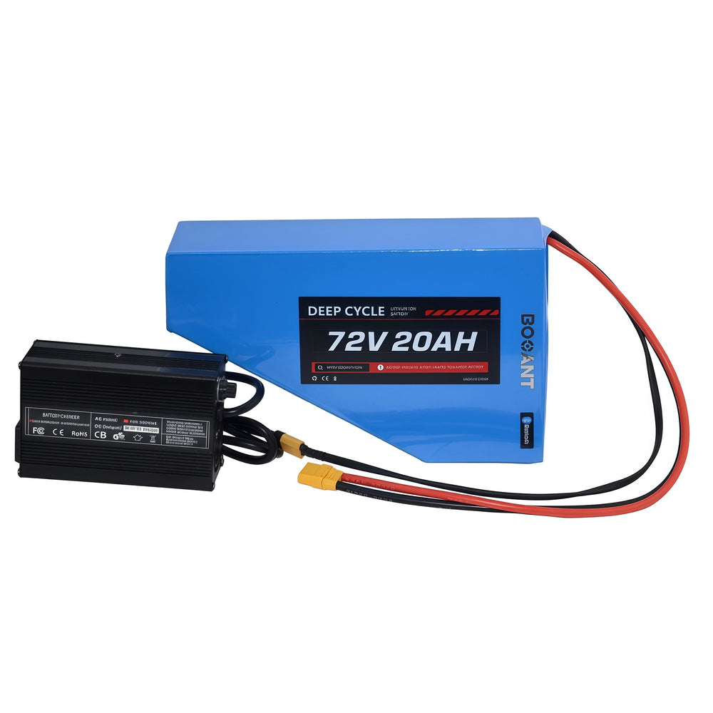 BOOANT 72V 20Ah Triangle E-bike Battery connected to 84V 5A Smart Fast Charger, High-Power Lithium-ion Battery Kit for Performance Electric Motorcycle Conversions.