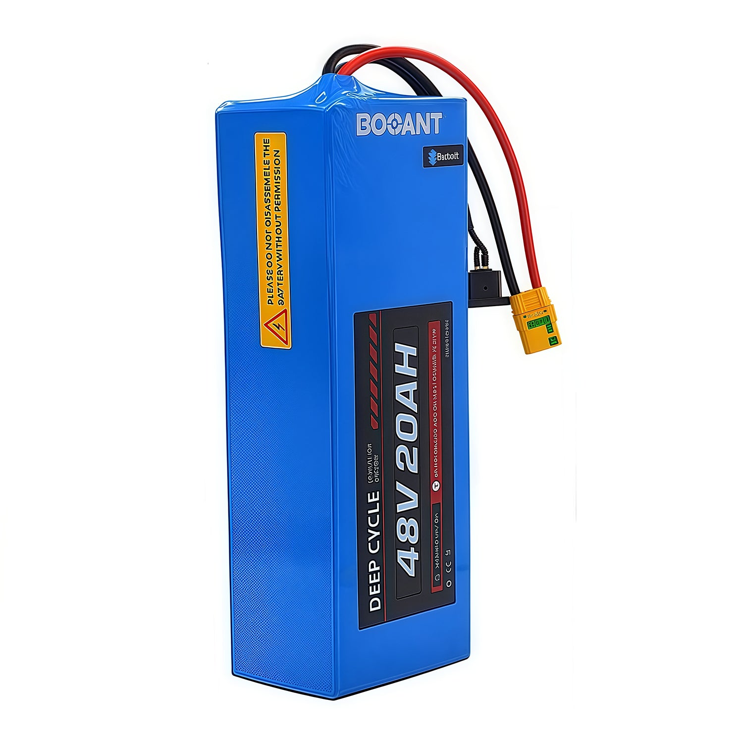 Side view of 48V 20AH Deep Cycle lithium battery with warning labels and safety instructions