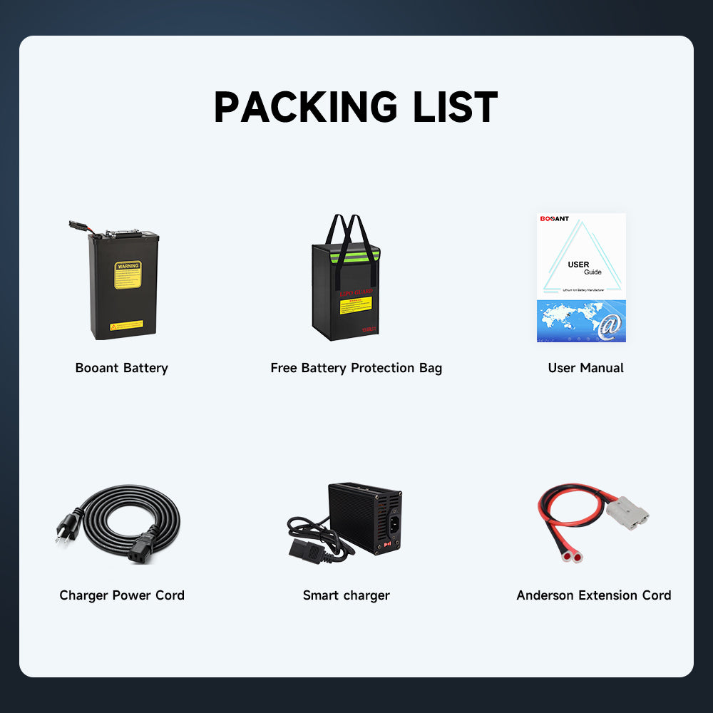packing list include booant battery, bag, manual, power cord, charger discharge cord