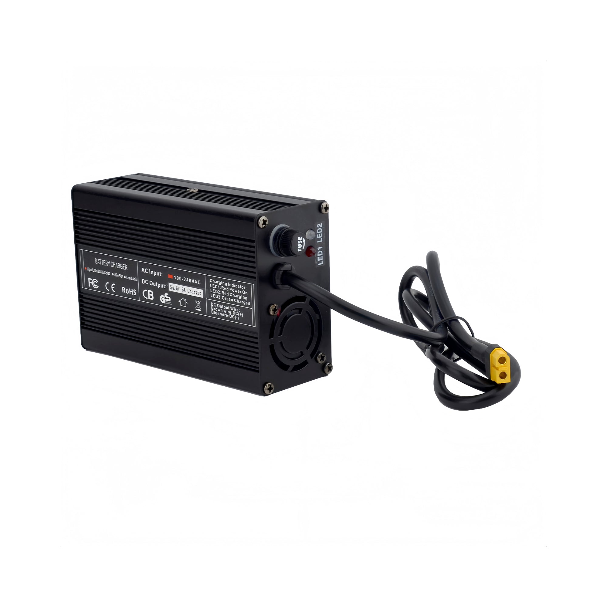 54.6V 5A Smart Lithium Battery Charger for 13S 48V Packs - Metal Housing, Cooling Fan, Dual LED Indicators & Global Plug Options