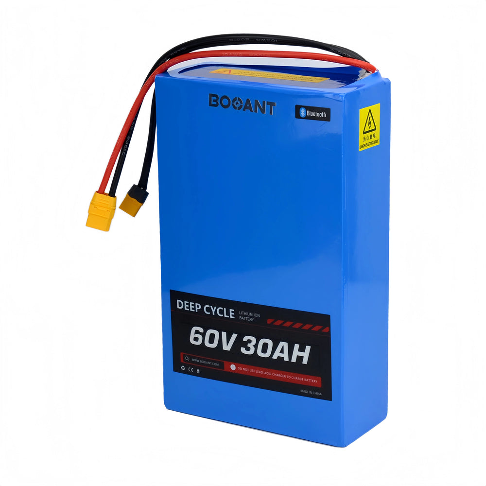 Side view of BOOANT 60V 30Ah lithium battery pack with Bluetooth smart BMS and XT90 connector