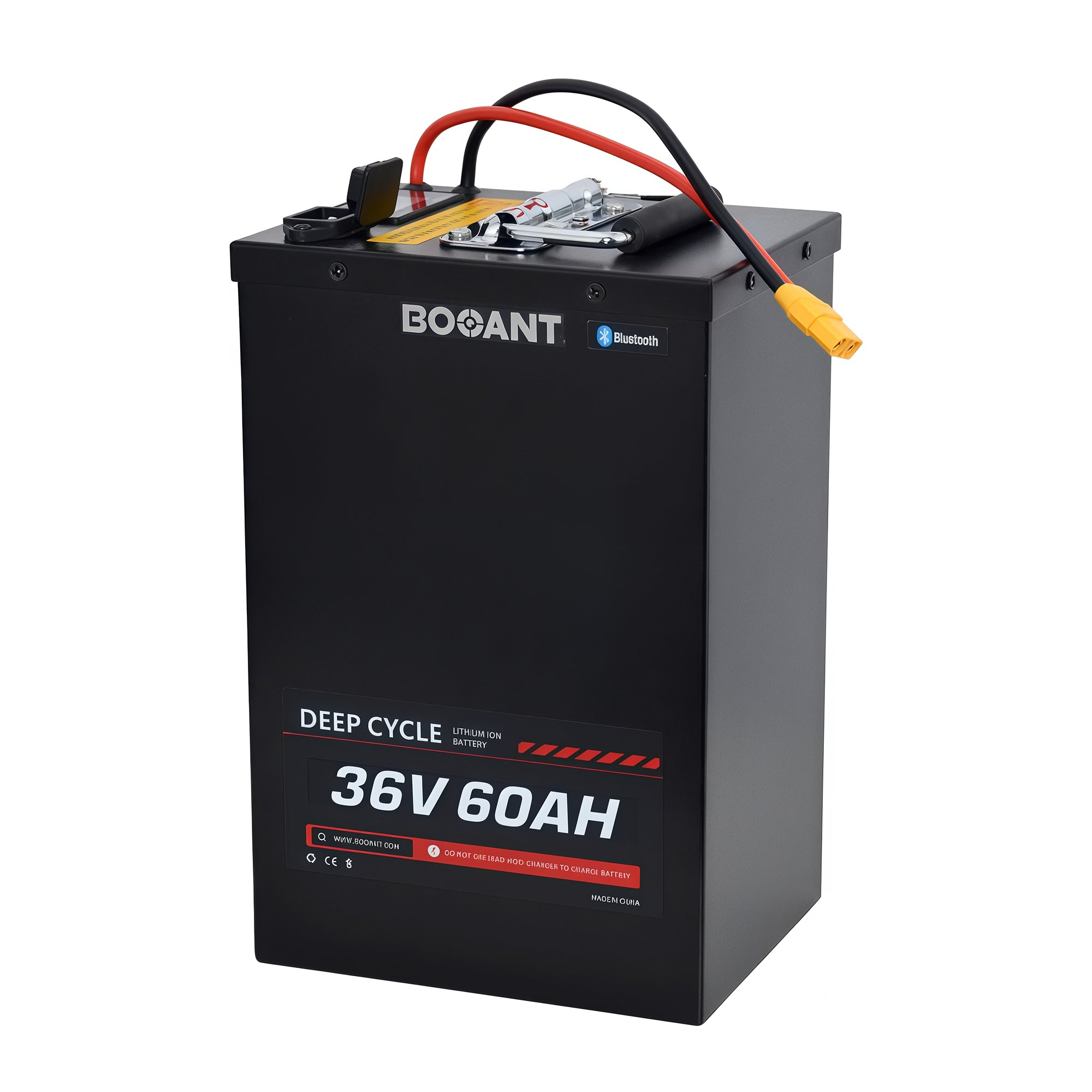 BOOANT 36V 60Ah metal case lithium battery pack with Bluetooth BMS, XT60 connector, carrying handle, and rugged aluminum housing for electric bikes, scooters, tricycles, and custom 36V lithium-ion battery applications.