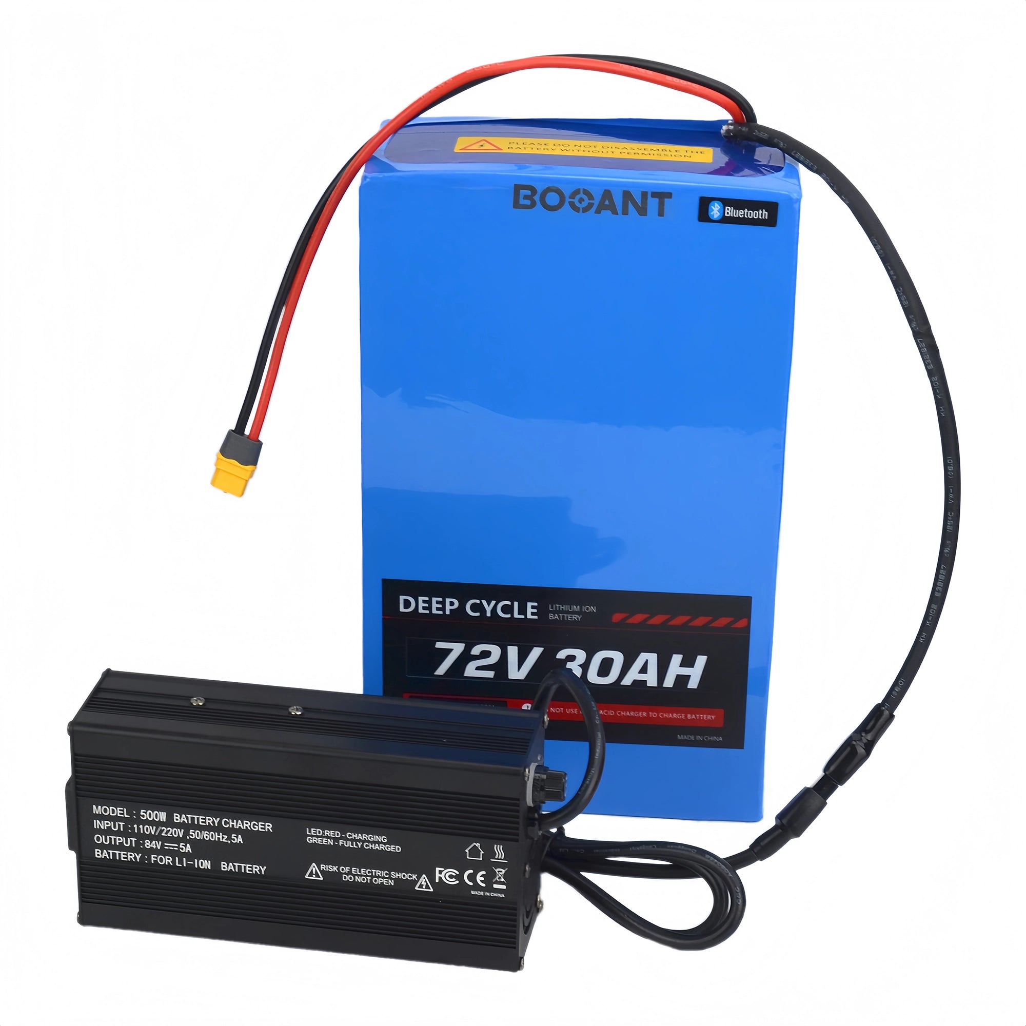 72V 30Ah lithium battery pack connected to an 84V 5A smart charger for safe, efficient and reliable charging
