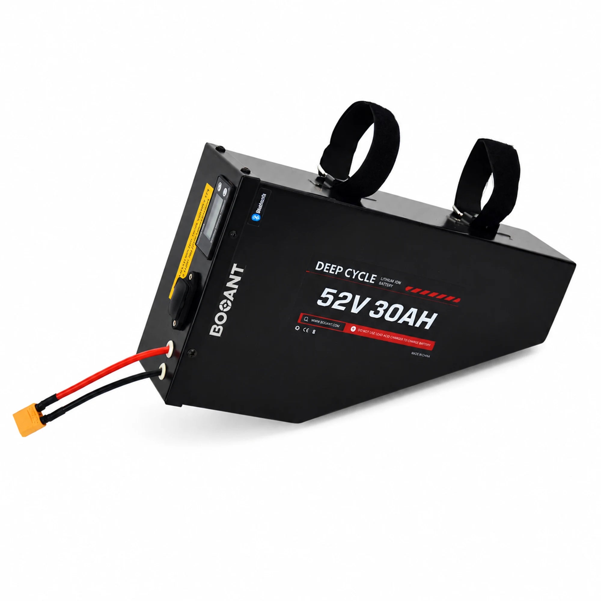 BOOANT 52V 30Ah metal case triangle ebike battery pack with Samsung 21700 cells, LCD battery indicator, XT60 connector, adjustable frame mounting straps, and rugged aluminum housing for custom electric bikes.