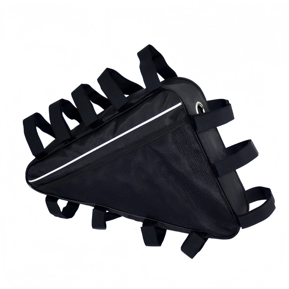Triangle battery mounting bag for eBike frames, featuring multiple hook-and-loop straps for secure installation and protection of triangle battery packs.