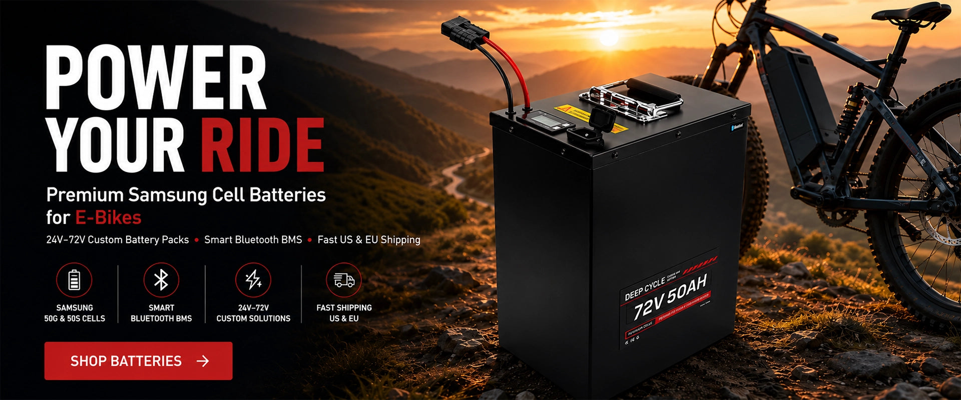 BOOANT 72V 50Ah Samsung cell e-bike battery with Bluetooth BMS displayed beside an electric mountain bike at sunset.