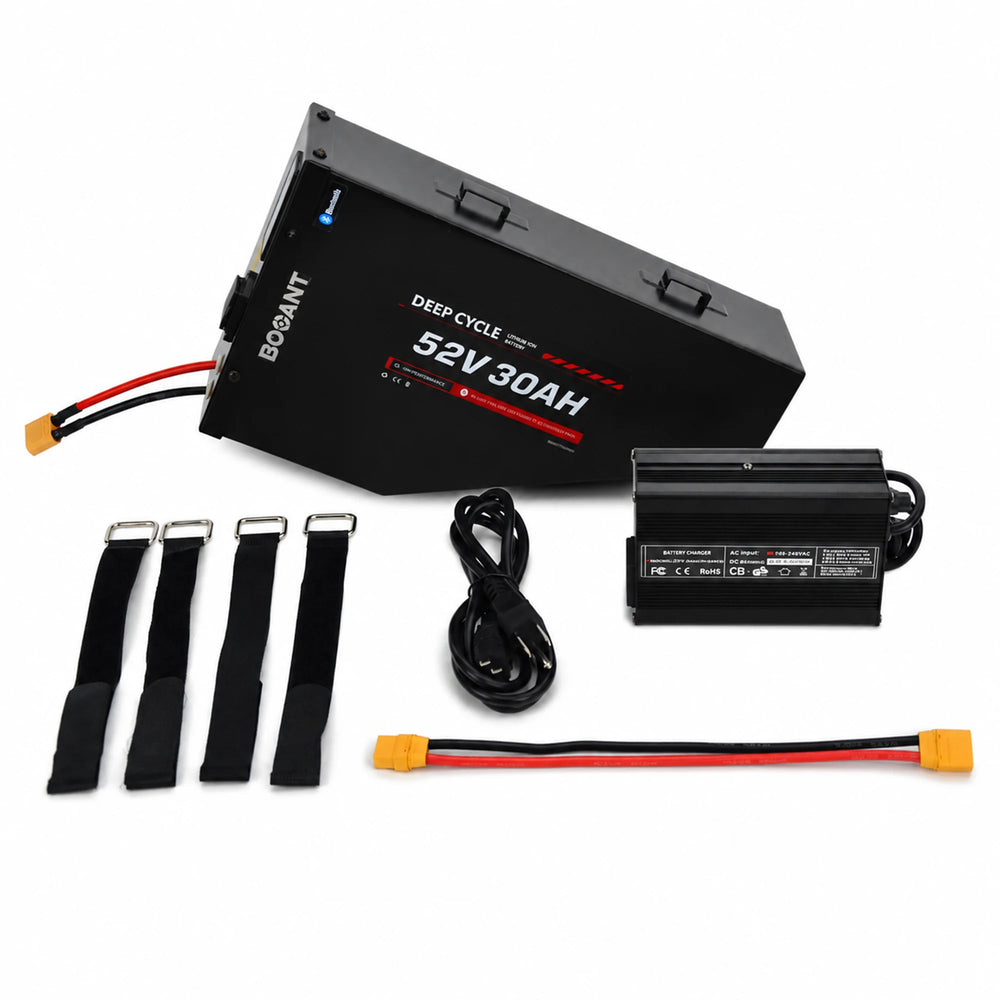 BOOANT 52V 30Ah metal case triangle ebike battery kit including aluminum battery pack, 58.8V 5A charger, power cable, XT60 adapter, and mounting straps for custom electric bike conversions.