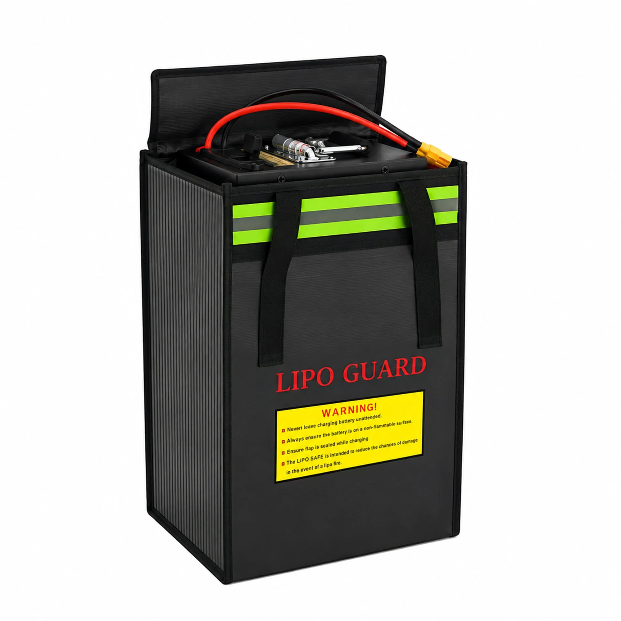 BOOANT 36V 60Ah metal case lithium battery pack stored inside a LiPo fireproof safety bag, providing added protection for battery storage and transport with a rugged aluminum housing and high-capacity lithium-ion design.