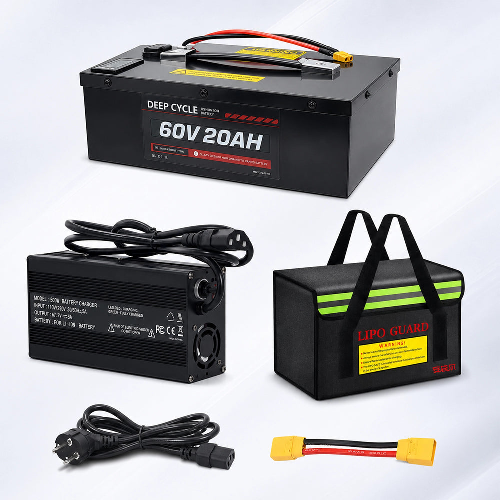 What's included with the BOOANT 60V 20Ah battery kit, including charger, fireproof bag and cables