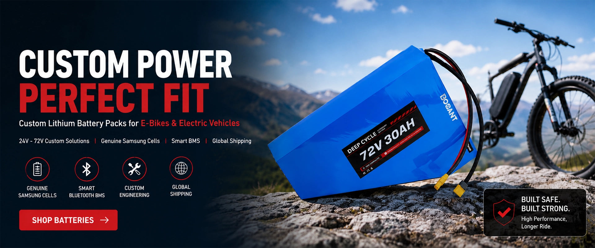 BOOANT custom 72V triangle lithium battery pack for e-bikes with Samsung cells, smart Bluetooth BMS, and global shipping support