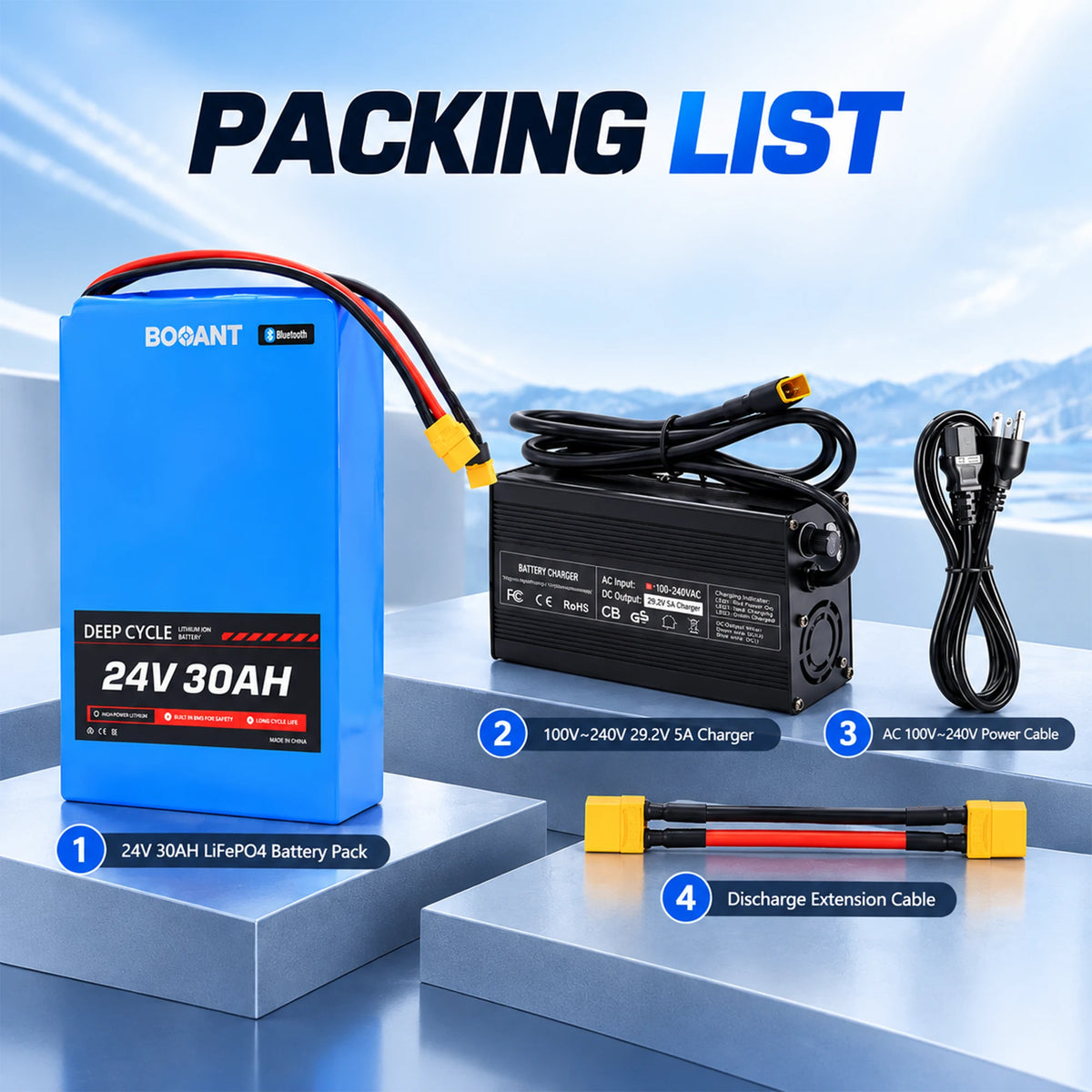 BOOANT 24V 30Ah LiFePO4 marine battery packing list including 29.2V 5A charger, AC power cable, and heavy-duty discharge extension cable