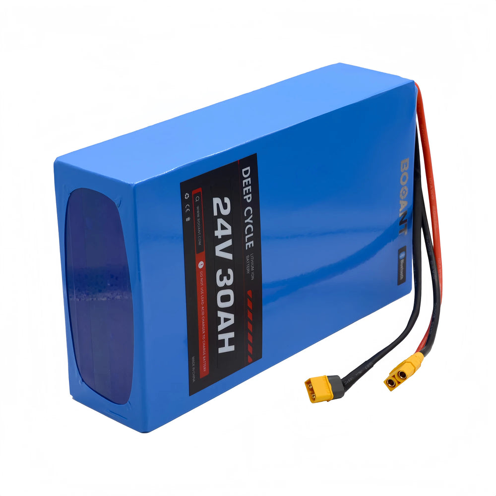 BOOANT 24V 30Ah LiFePO4 marine battery pack side view showing waterproof end cap sealant, blue PVC shrink wrap, dedicated XT60 charge plug, and XT90 discharge connector