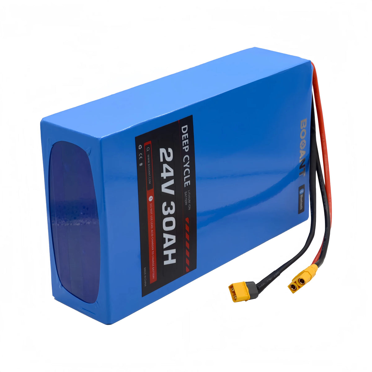 BOOANT 24V 30Ah LiFePO4 marine battery pack side view showing waterproof end cap sealant, blue PVC shrink wrap, dedicated XT60 charge plug, and XT90 discharge connector