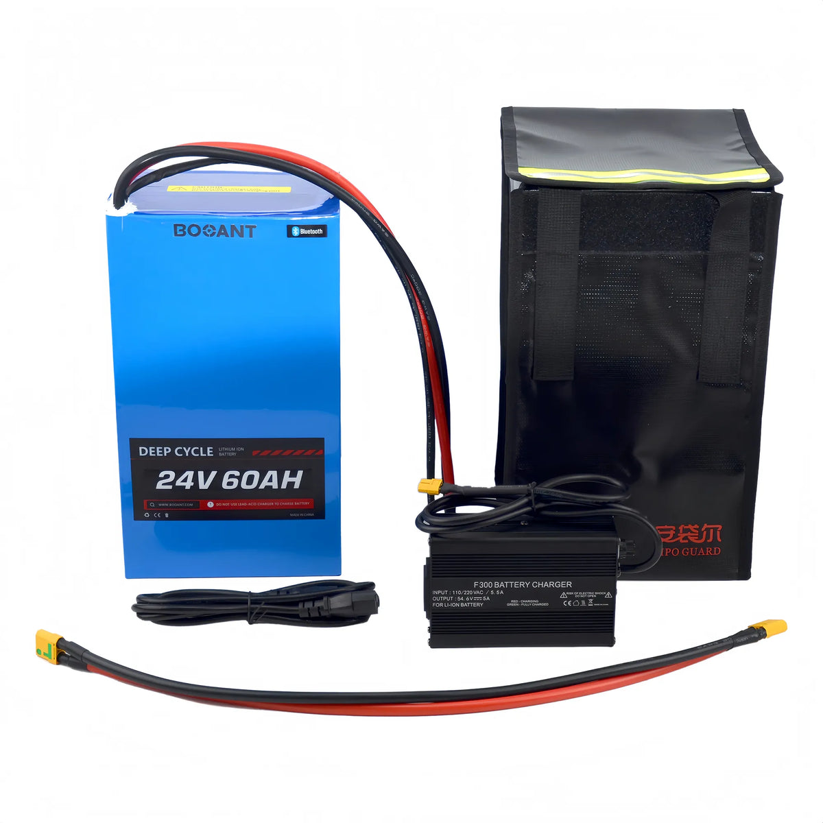 Complete package of BOOANT 24V 60Ah marine LiFePO4 battery, 10A smart charger, AC cord, discharge cable, and fireproof safety storage bag.