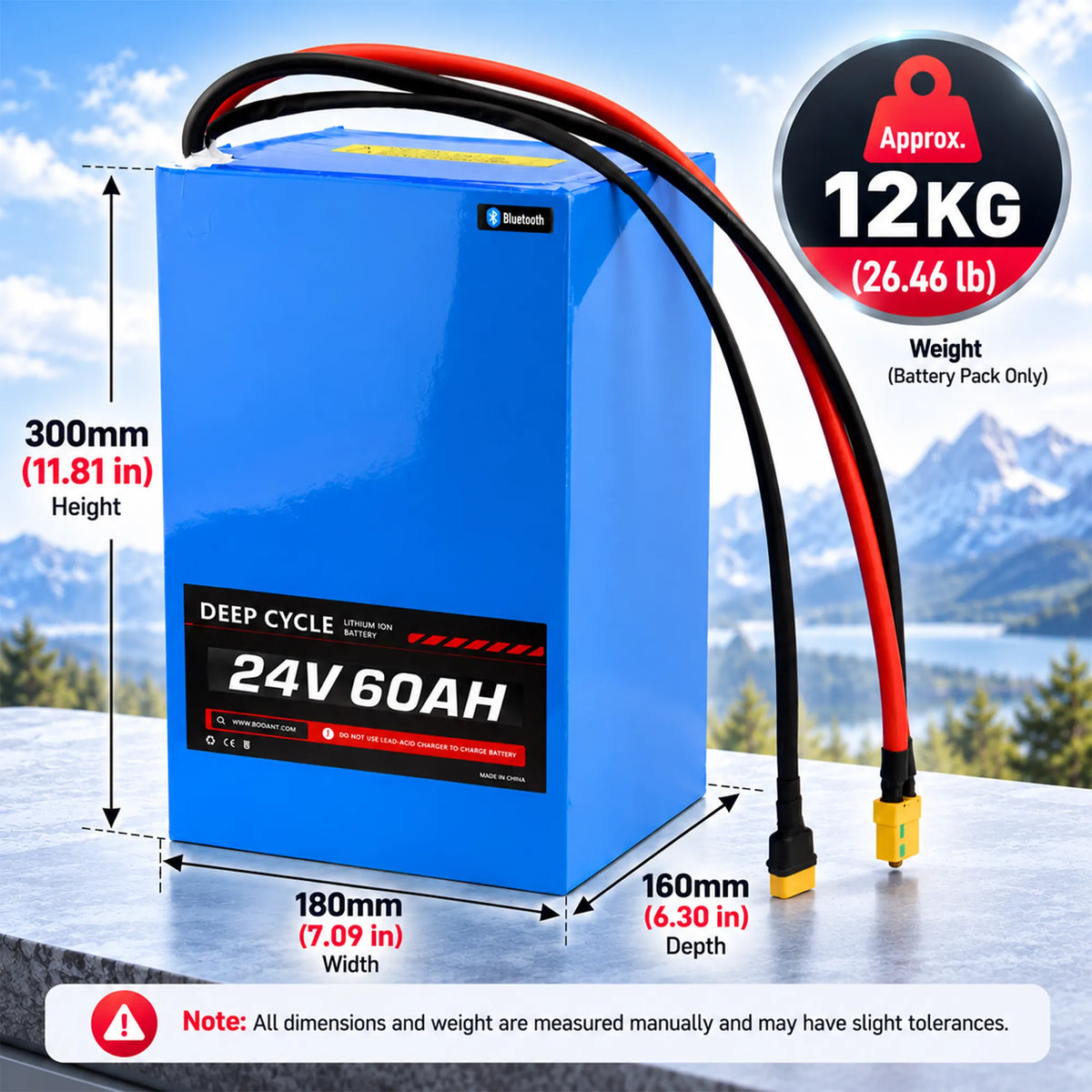 Dimensions and weight diagram of BOOANT 24V 60Ah marine LiFePO4 battery: 300x180x160mm (11.8x7.1x6.3 in) and approx 12kg (26.46 lb).
