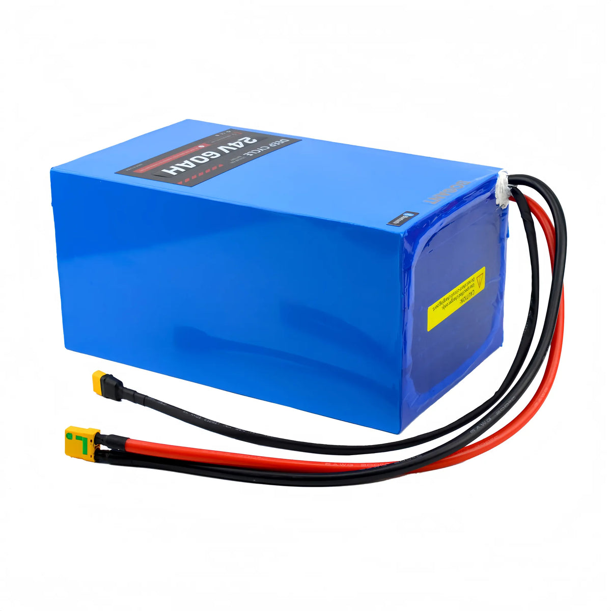 Horizontal view of BOOANT 24V 60Ah marine LiFePO4 battery pack showing waterproof sealed top, charging caution label, and dual output leads.