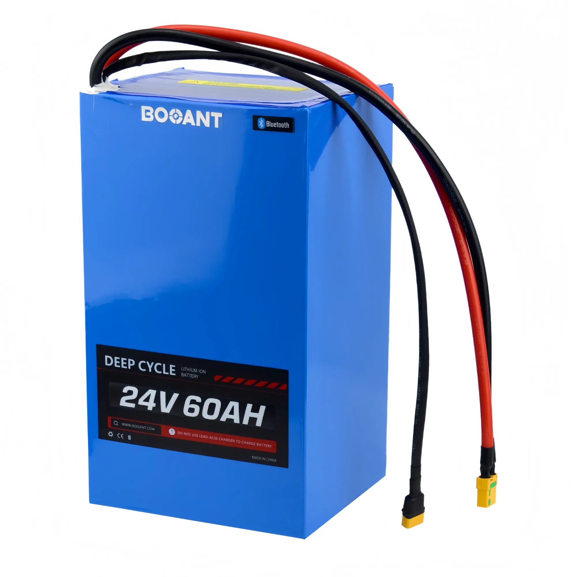 BOOANT 24V 60Ah deep-cycle marine LiFePO4 battery pack with blue PVC casing, Smart Bluetooth label, and heavy-duty trolling motor leads