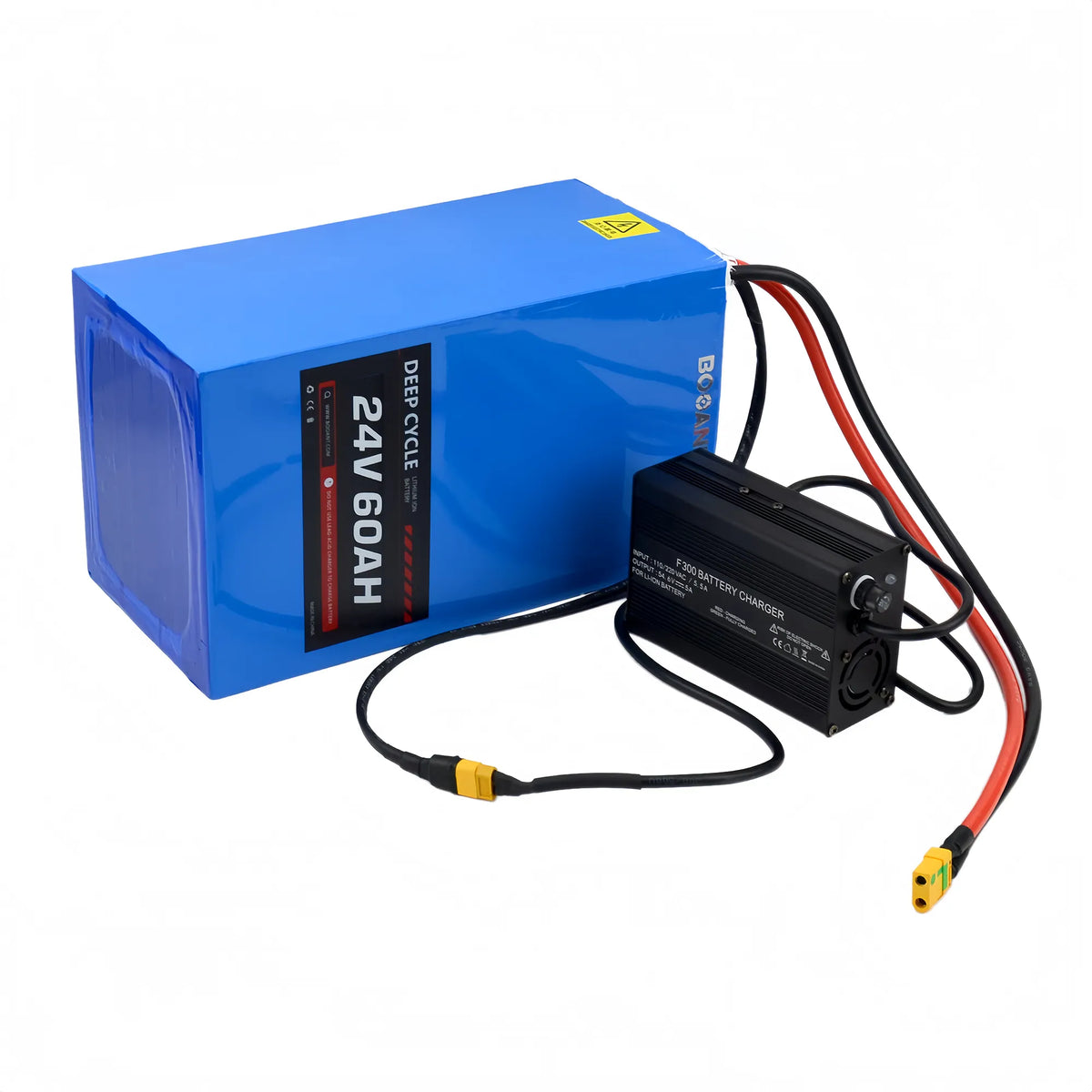 BOOANT 24V 60Ah marine LiFePO4 deep-cycle battery shown alongside the included 29.2V 10A aluminum fast smart charger with active cooling.
