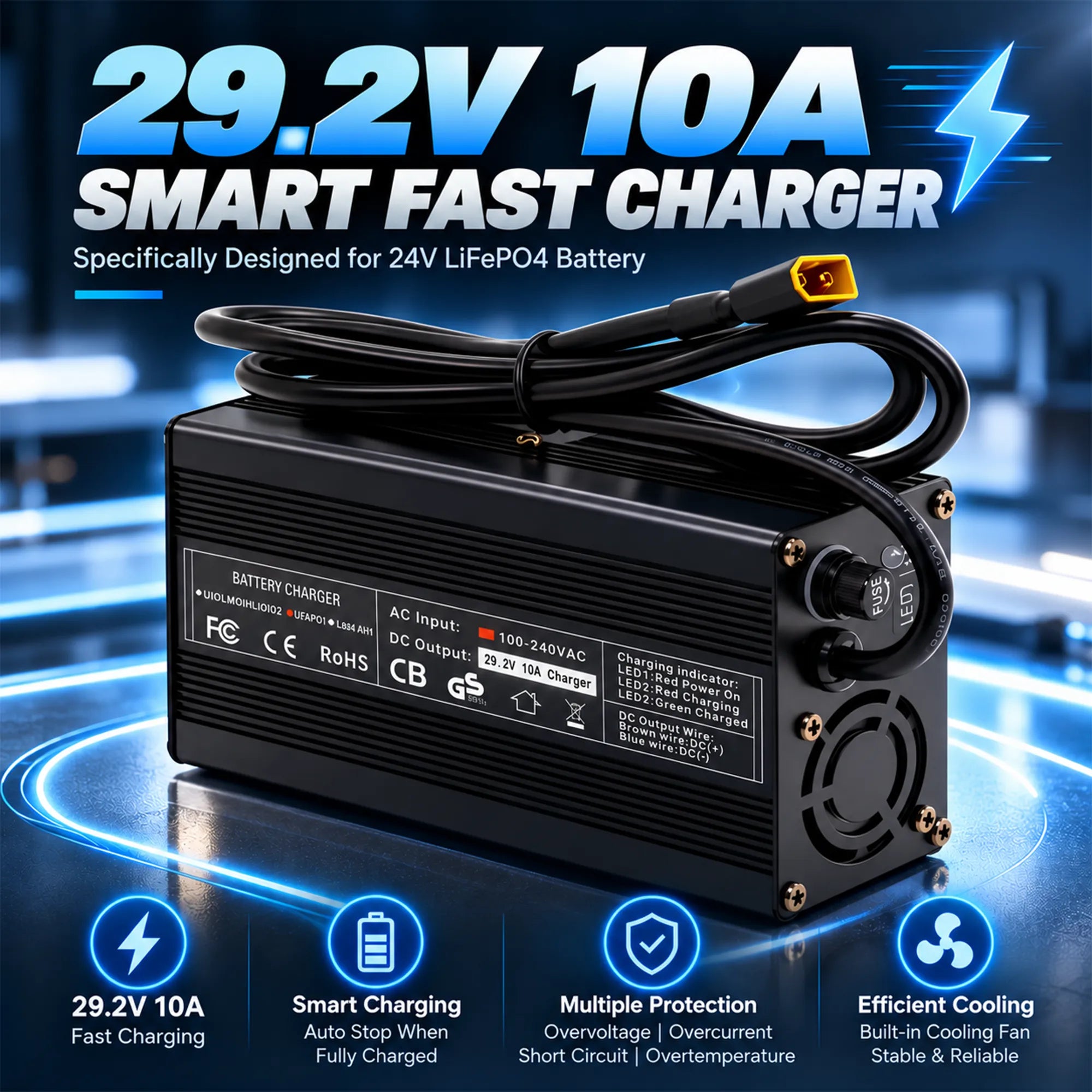 BOOANT 29.2V 10A smart fast charger for 24V LiFePO4 batteries featuring aluminum casing, cooling fan, fuse protection, and XT60 output plug.