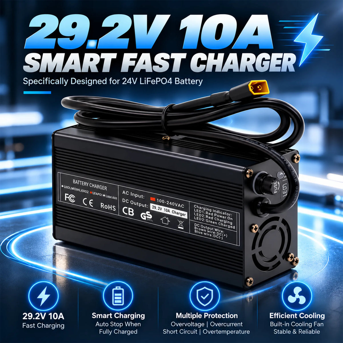 BOOANT 29.2V 10A smart fast charger for 24V LiFePO4 batteries featuring aluminum casing, cooling fan, fuse protection, and XT60 output plug.