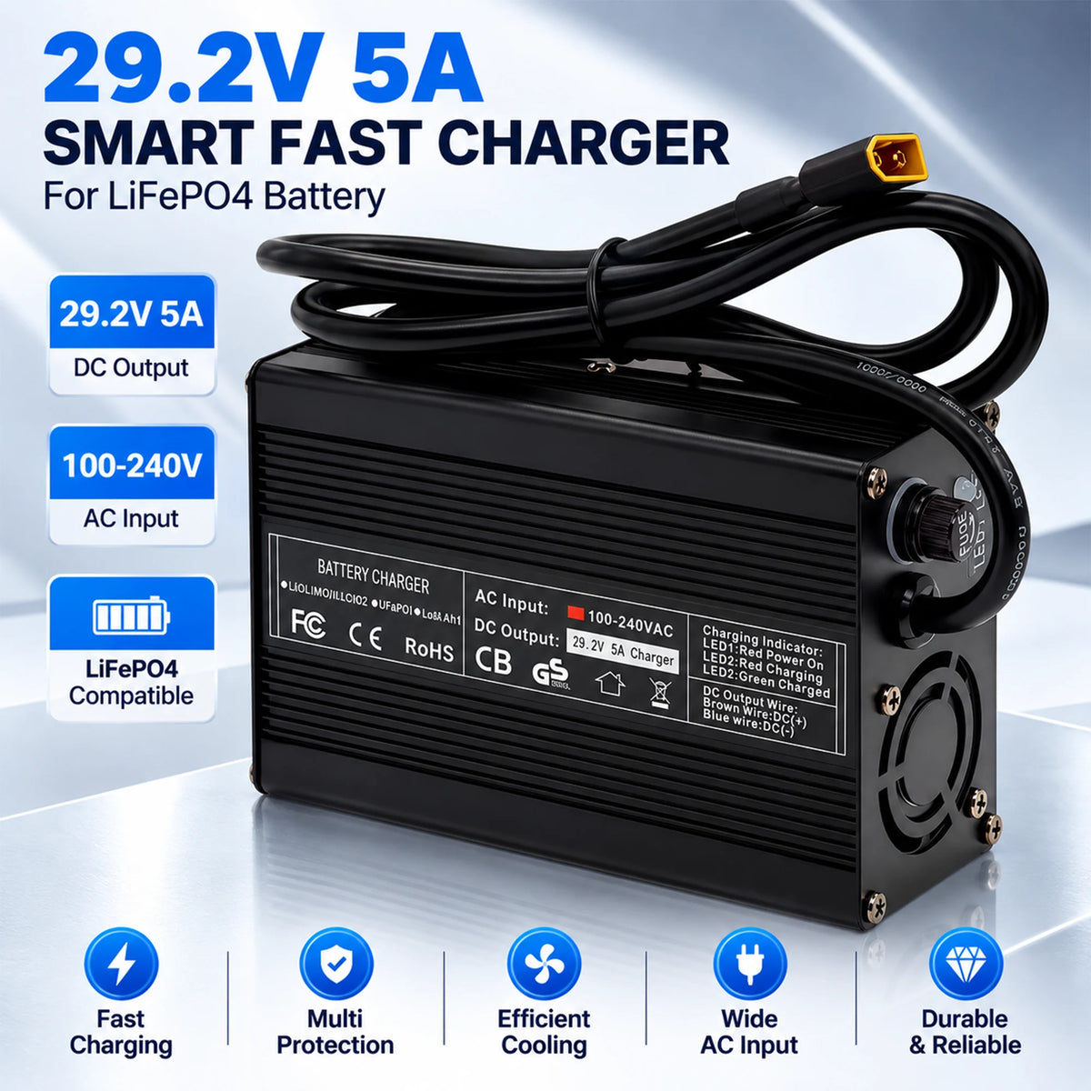 BOOANT 29.2V 5A smart fast charger for LiFePO4 battery featuring aluminum alloy housing, cooling fan, dual fuse protection, and XT60 output connector