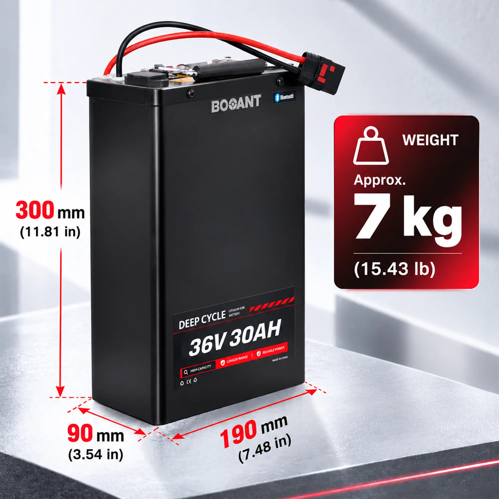 Dimensions and weight of BOOANT 36V 30Ah battery: 300x190x90 mm (11.8x7.5x3.5 in) and 7 kg (15.4 lb).