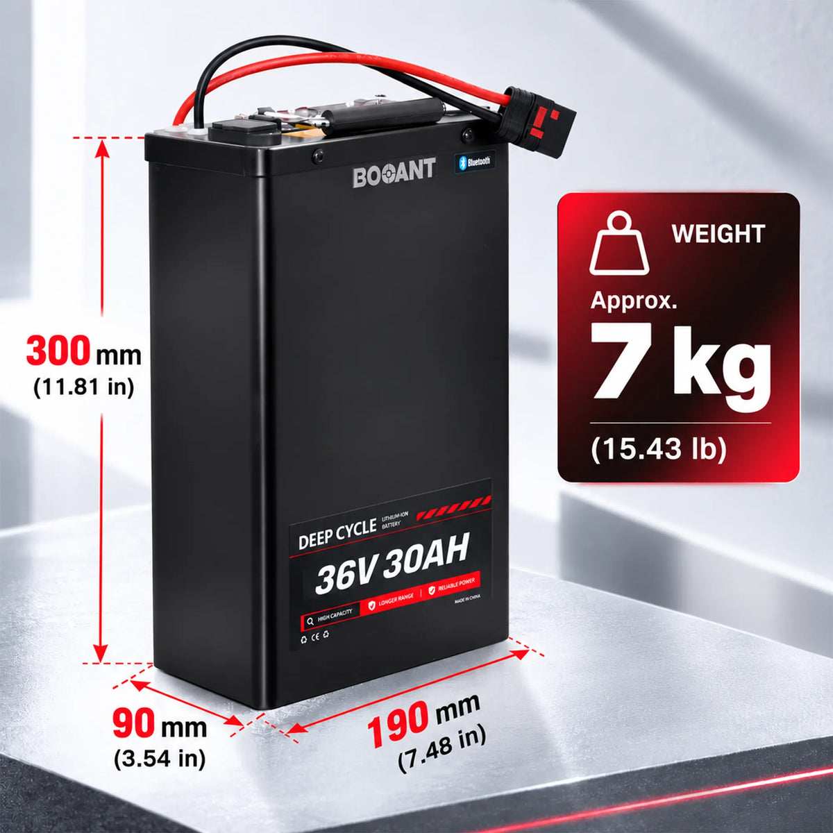Dimensions and weight of BOOANT 36V 30Ah battery: 300x190x90 mm (11.8x7.5x3.5 in) and 7 kg (15.4 lb).