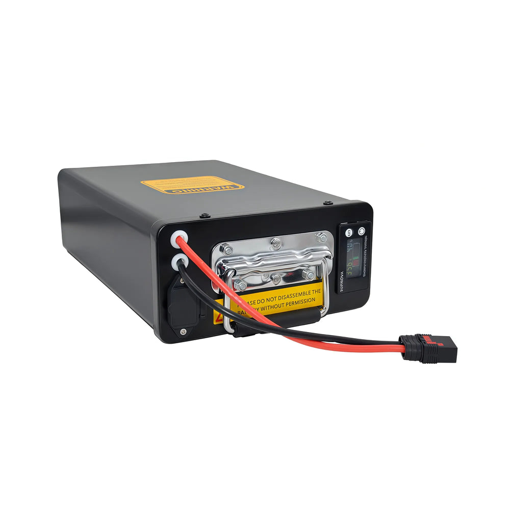 Top detail view of BOOANT 36V 30Ah metal-case battery showing LCD diagnostic screen, folding carrying handle, and QS8 cable.