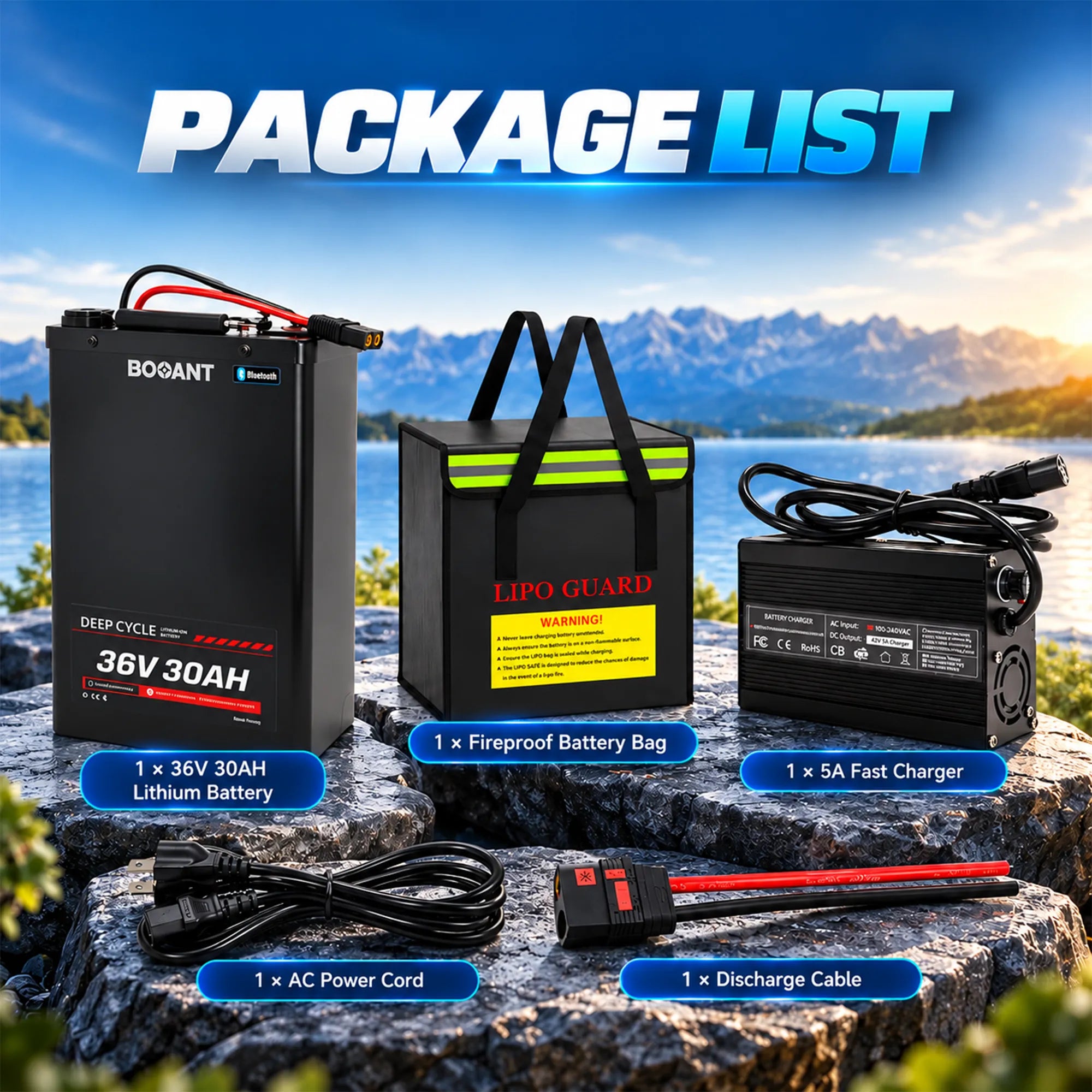 Package list of BOOANT 36V 30Ah battery: 5A fast charger, fireproof bag, AC cord, and QS8 discharge cable.