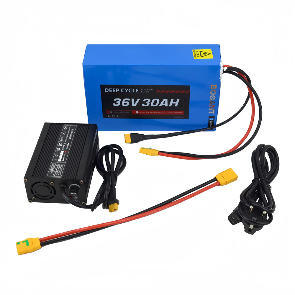 BOOANT 36V 30Ah blue PVC lithium battery kit overview including aluminum fast charger, 10AWG XT90 discharge extension cable, and AC power cord.
