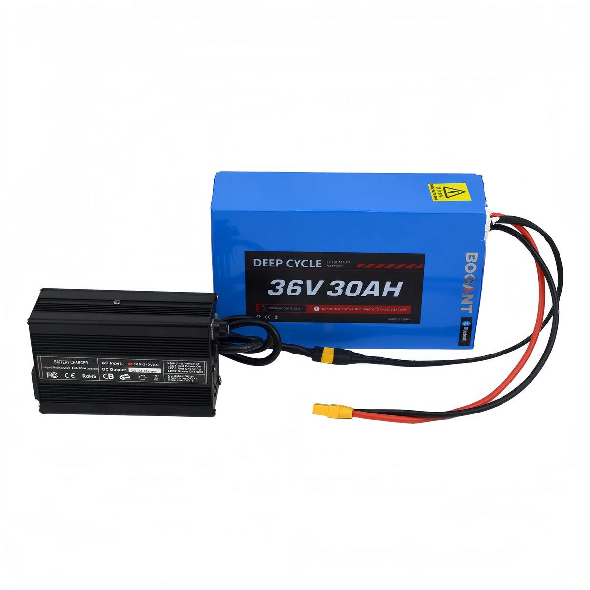BOOANT 36V 30Ah blue PVC lithium ebike battery connected to aluminum smart fast charger via XT60 port with XT90 discharge lead.