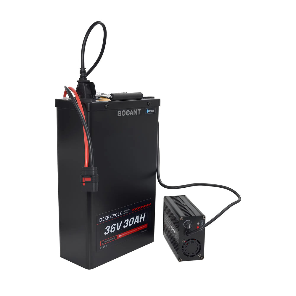 BOOANT 36V 30Ah metal-case battery connected to its 42V 5A fast charger, with a QS8 plug and carrying handle.