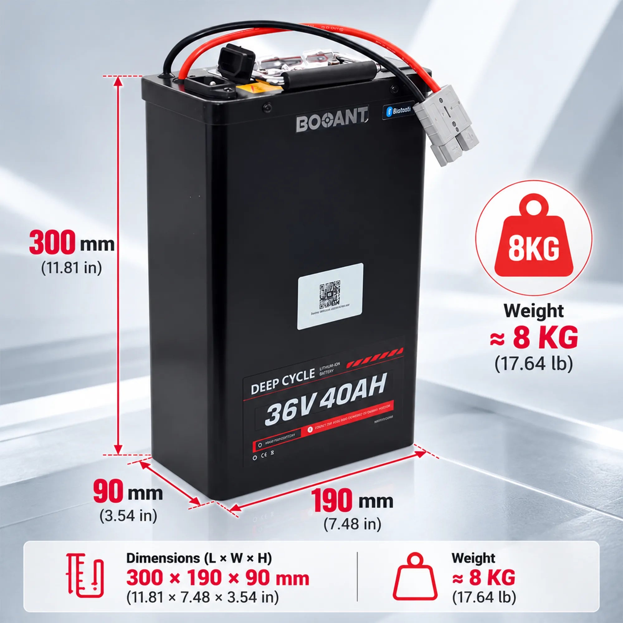 Dimensions and weight diagram for BOOANT 36V 40Ah metal case ebike battery showing 300x190x90 mm size and approx 8 kg 17.64 lb weight.