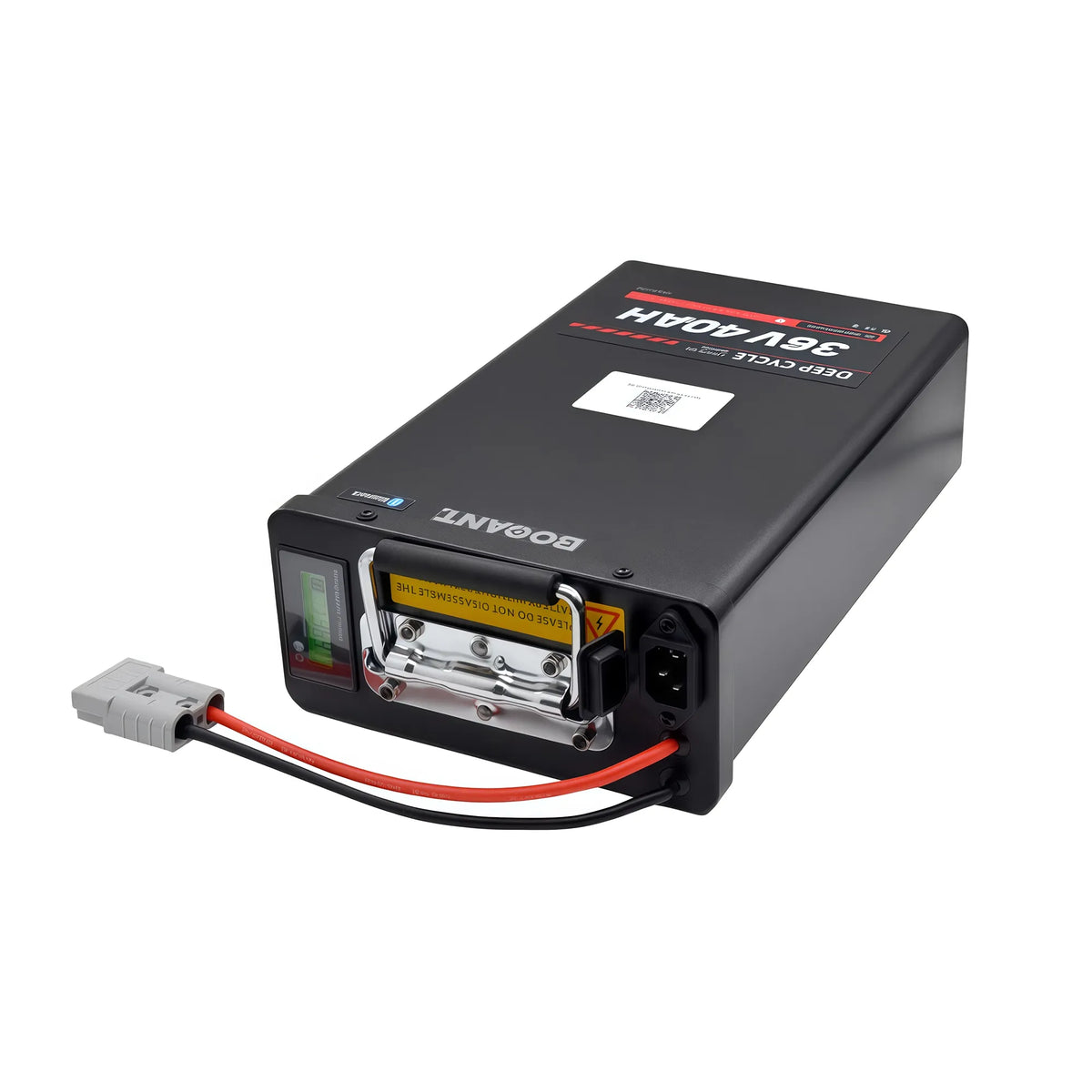 Horizontal side view of the BOOANT 36V 40Ah metal case ebike battery pack (image_10.png) lying on a white background, highlighting its color LCD display screen, folding carry handle, AC socket, and gray Anderson connector with red/black wires.