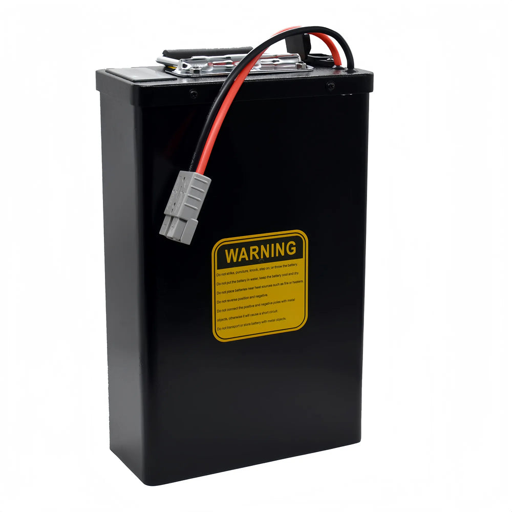 Rear view of the BOOANT 36V 40Ah metal case ebike battery pack on a white background, featuring a yellow warning sticker, folding handle, and hanging gray Anderson connector.