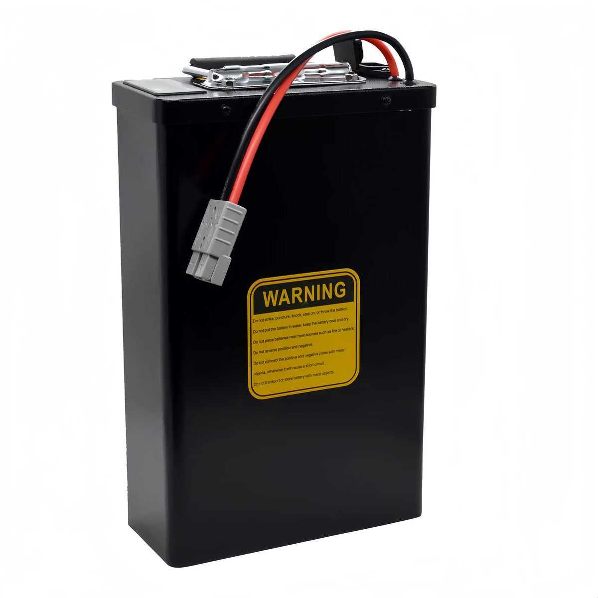 Rear view of the BOOANT 36V 40Ah metal case ebike battery pack on a white background, featuring a yellow warning sticker, folding handle, and hanging gray Anderson connector.