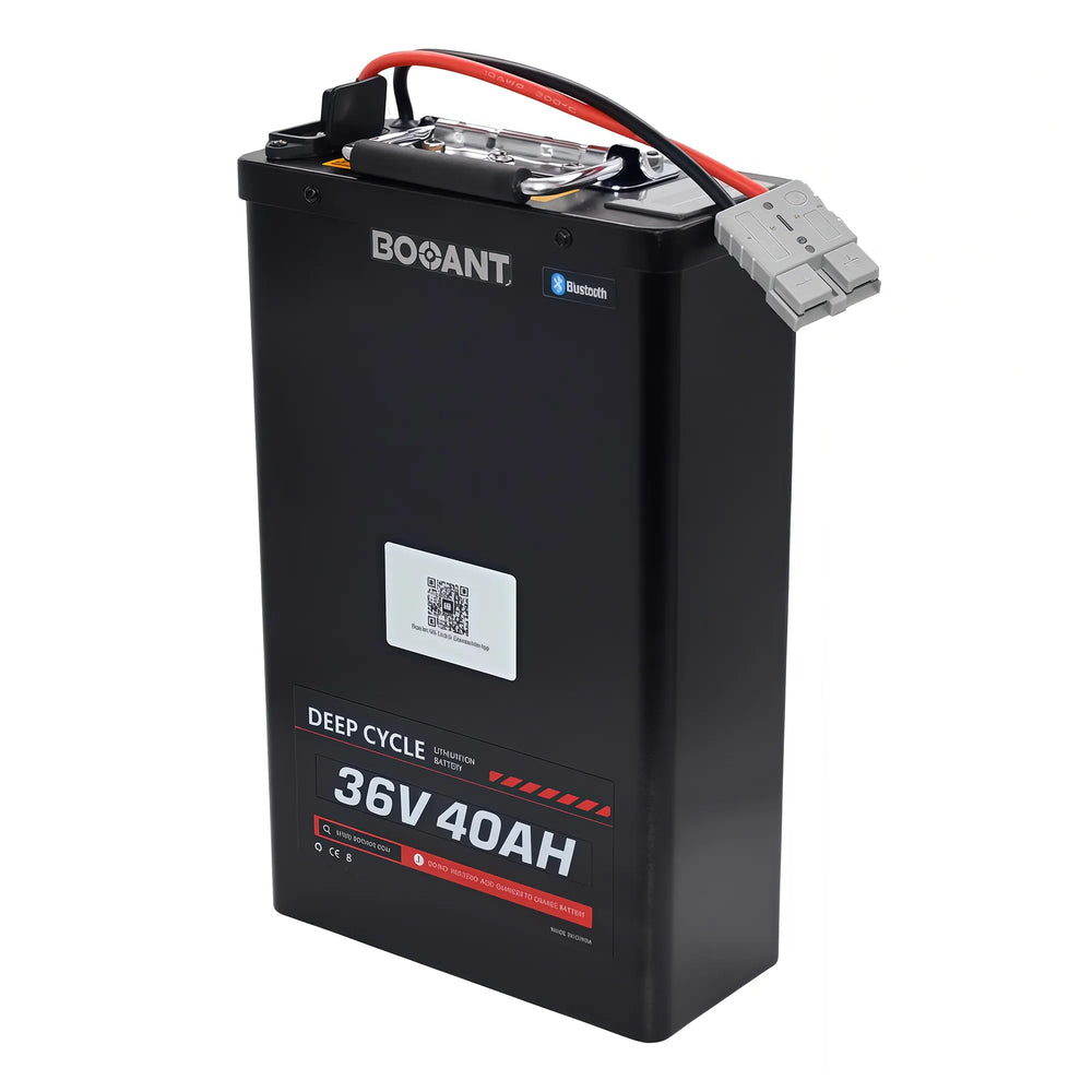 BOOANT 36V 40Ah metal case lithium ebike battery pack with Samsung 21700 cells, heavy-duty handle, Anderson connector, and smart Bluetooth BMS.