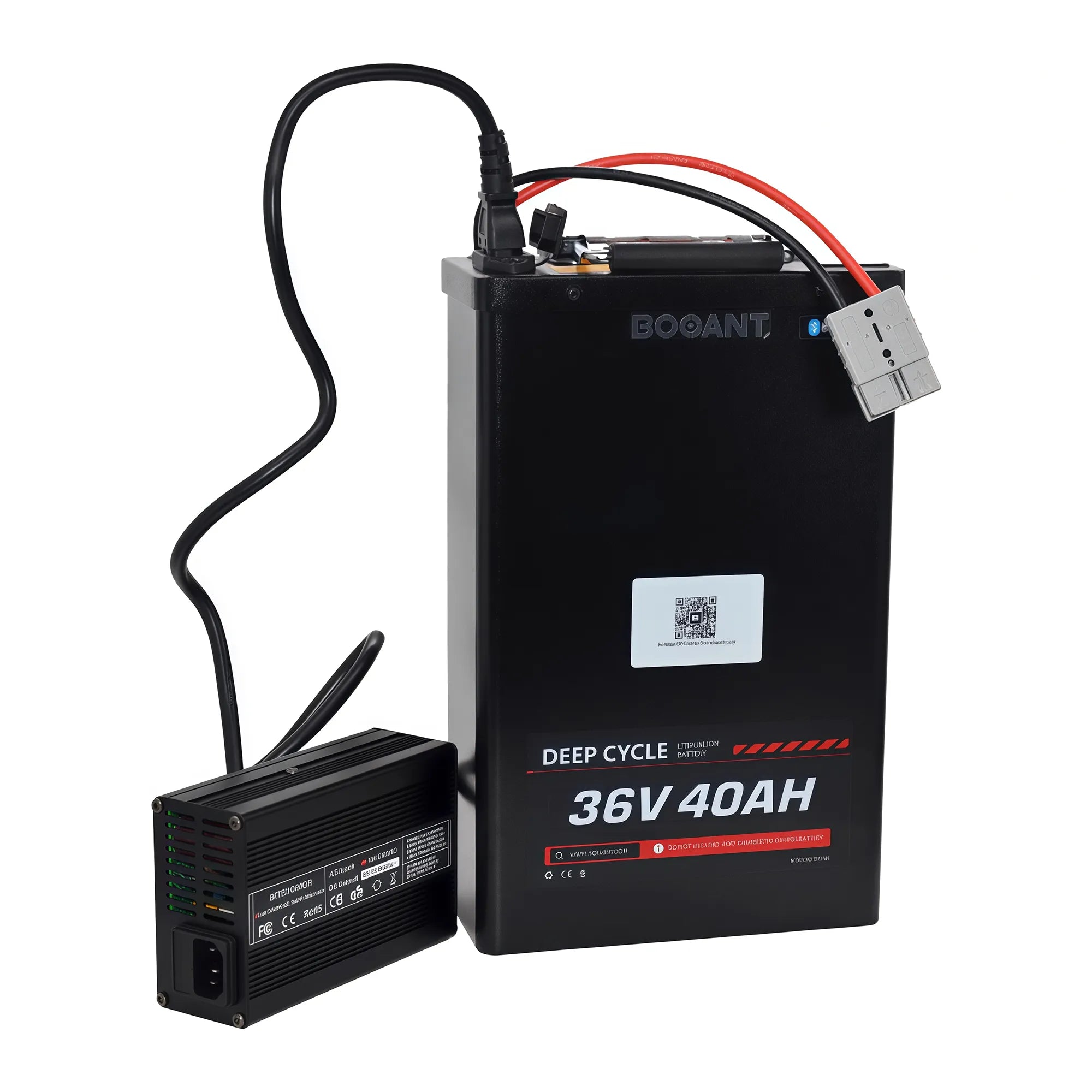 BOOANT 36V 40Ah metal case lithium ebike battery connected to an aluminum 42V 5A smart fast charger, featuring a top folding handle and gray Anderson discharge connector.