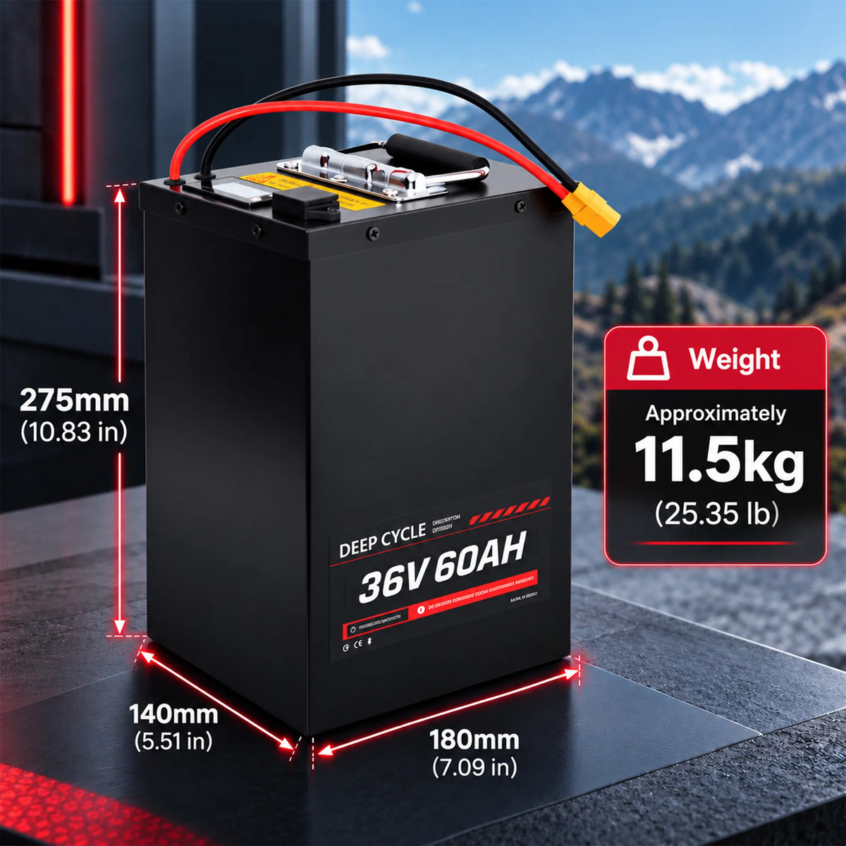 BOOANT 36V 60Ah metal lithium battery physical dimensions 275x180x140 mm (10.83x7.09x5.51 in) and weight 11.5 kg (25.35 lb) for custom ebike mounting fitment.