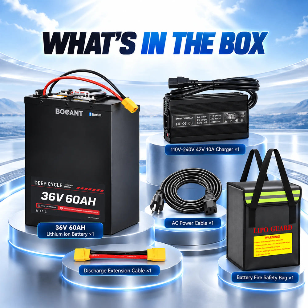 What's in the box: BOOANT 36V 60Ah metal lithium battery pack, 42V 10A fast charger, AC power cable, discharge extension cable, and battery fire safety bag.