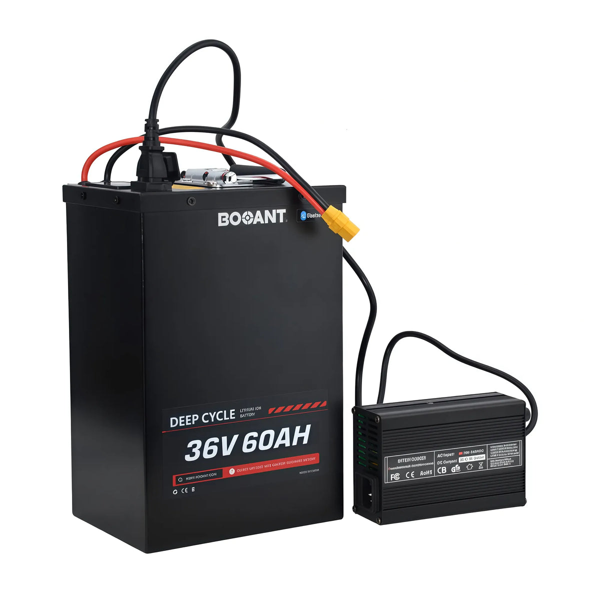 BOOANT 36V 60Ah deep cycle metal lithium battery connected with 42V 10A aluminum fast smart charger showing top charge port plug and cooling fan casing.