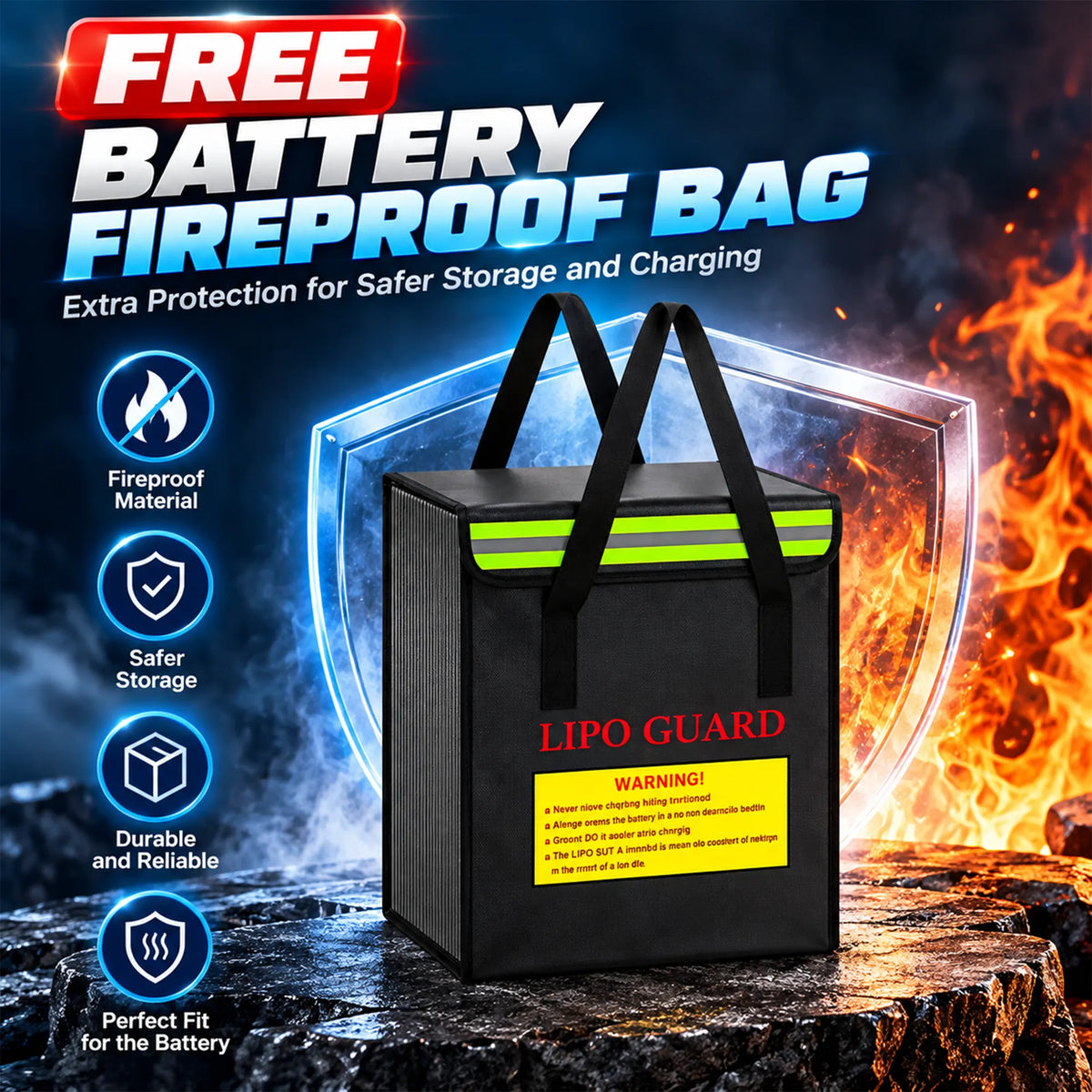 Free fireproof battery safe bag included with BOOANT 36V battery for safer charging and storage.