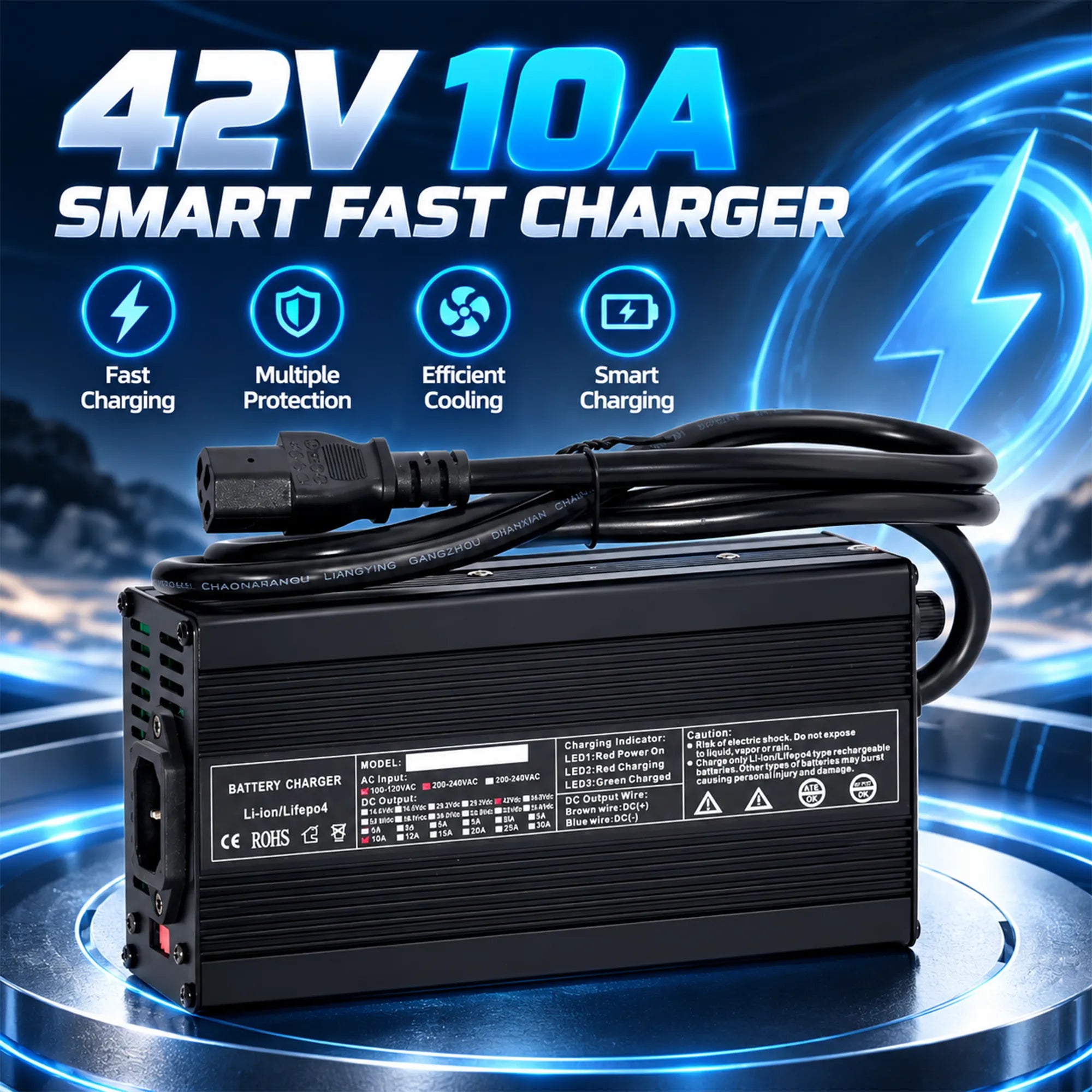 BOOANT 42V 10A aluminum smart fast charger for 36V lithium battery pack featuring active cooling fan, dual fuse protection, and LED status indicator.