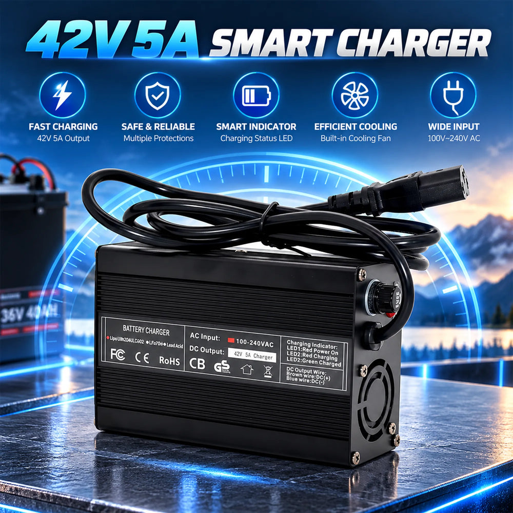 42V 5A smart rapid charger for BOOANT 36V ebike battery featuring an aluminum shell, active cooling fan, dual LED status indicators, and 100V-240V AC input.