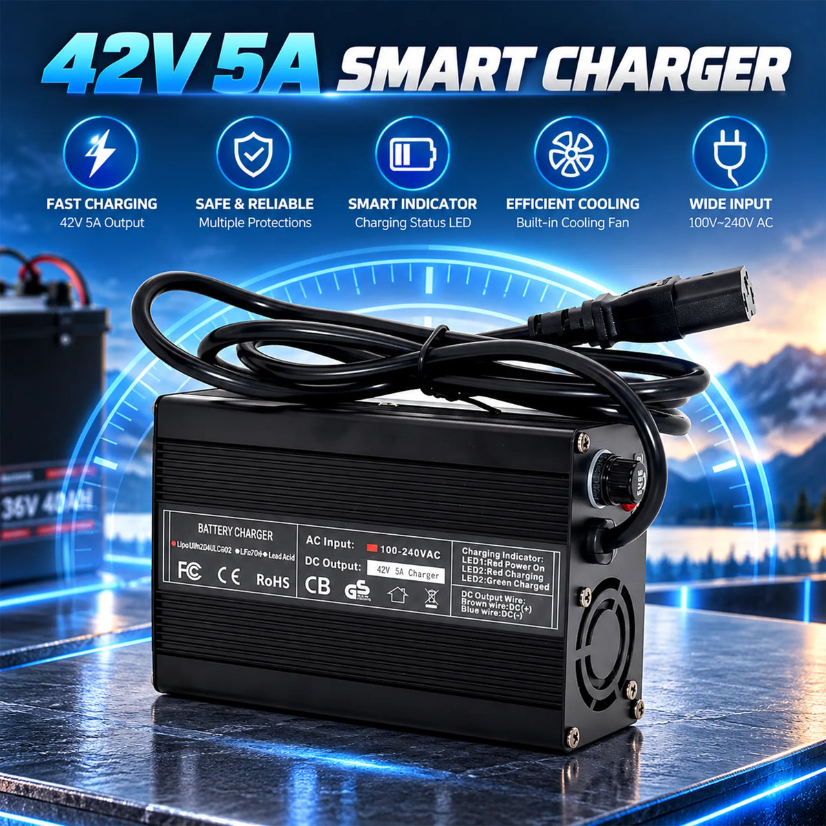 42V 5A smart rapid charger for BOOANT 36V ebike battery featuring an aluminum shell, active cooling fan, dual LED status indicators, and 100V-240V AC input.