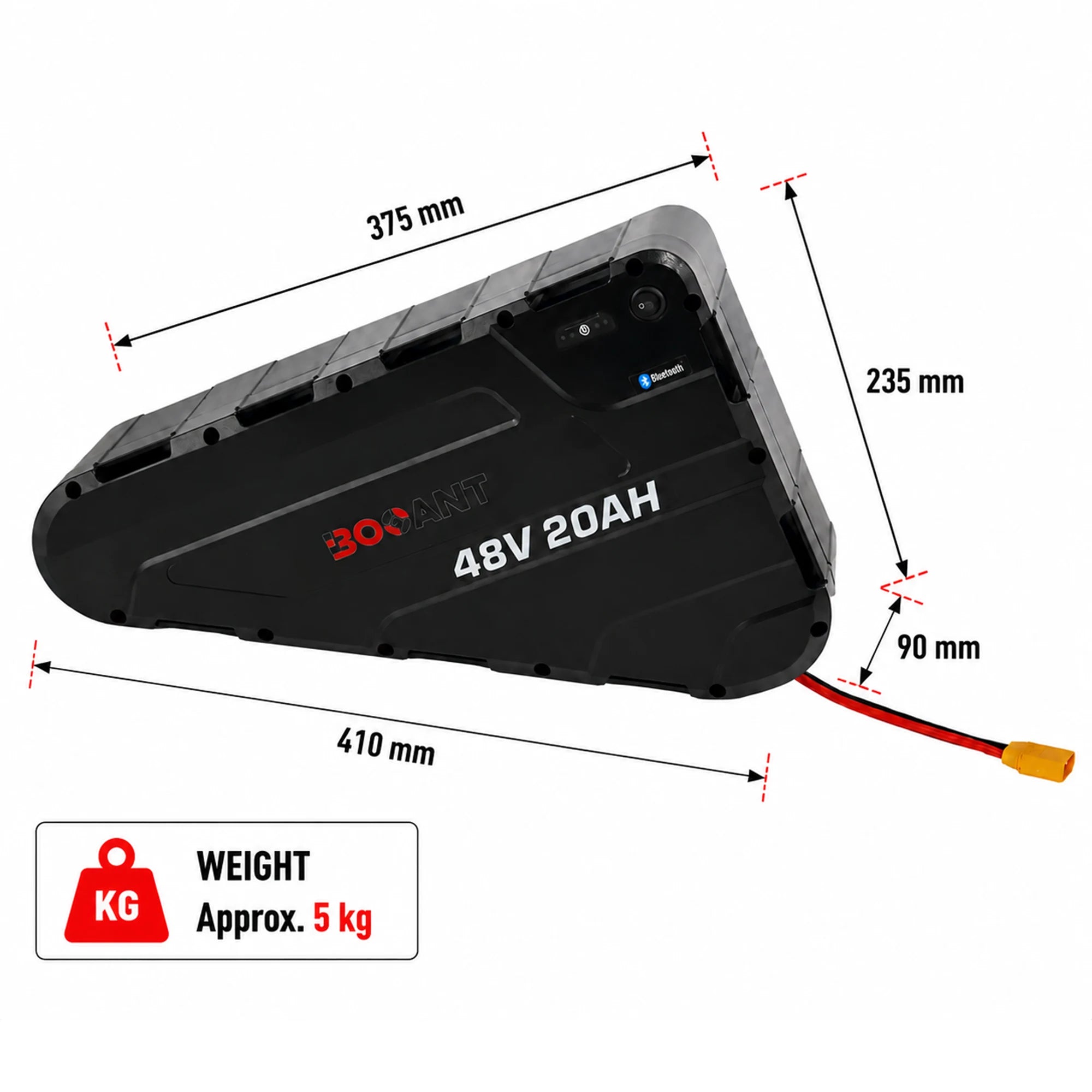 Dimensions and weight chart for BOOANT 48V 20Ah triangle e-bike battery: 375mm length, 235mm height, 410mm hypotenuse, 90mm width, weighing approx. 5kg (11 lbs).